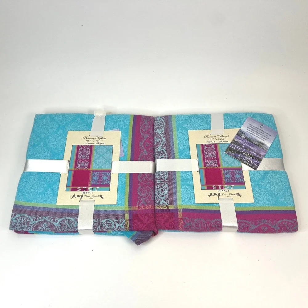 STOF France Provence Dish Towel‎ Set of 6 Cotton Blue Pink Floral Laura Lancelle